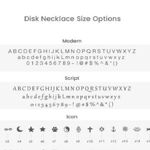 Puede incluir: Imagen que muestra opciones de tama&ntilde;o de collar de disco. Incluye alfabetos Modern y Script, n&uacute;meros y s&iacute;mbolos. Tambi&eacute;n muestra varias opciones de iconos, incluyendo corazones, estrellas, huellas de patas y s&iacute;mbolos religiosos.