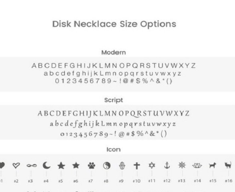 Puede incluir: Imagen que muestra opciones de tama&ntilde;o de collar de disco. Incluye alfabetos Modern y Script, n&uacute;meros y s&iacute;mbolos. Tambi&eacute;n muestra varias opciones de iconos, incluyendo corazones, estrellas, huellas de patas y s&iacute;mbolos religiosos.