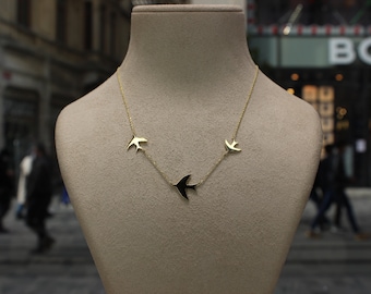 14K Solid Real Gold Swallow Necklace, Sideways Three Swallow Bird Necklace, Flying Birds Necklace, Valentines Day Gift, Animal Bird Jewelry