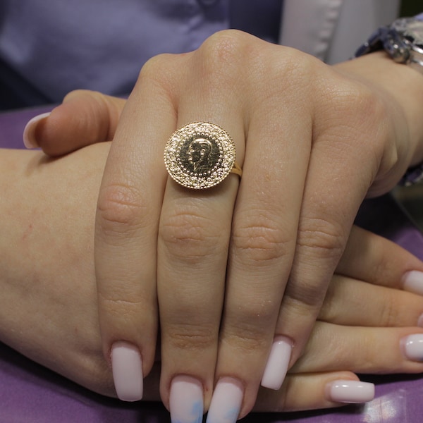 22K And 14K Gold Turkish Coin Ring, Gold Signet Ring, Statement Gold Coin Ring, Ataturk Lira Gold Ring, Coin Jewelry,Boho Coin Ring Gift