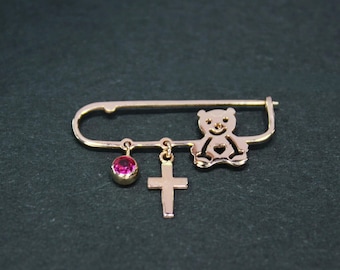 Solid Gold New Born Birthstone Cross Baby Pin in 14K 18K, Cross Teddy Bear New Born Baby Brooch, Birthstone Cross Bear Baby Safety Pin Gift