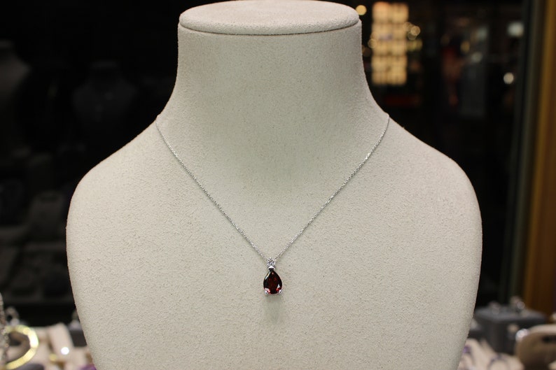 14K Real White Gold Necklace Dainty Necklace For Gift, Women Real Diamond Jewelry Teardrop Garnet Necklace Women Diamond Pendant