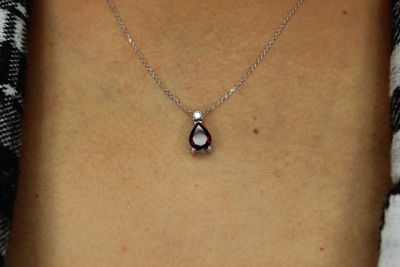 14K Real White Gold Necklace Dainty Necklace For Gift, Women Real Diamond Jewelry Teardrop Garnet Necklace Women Diamond Pendant