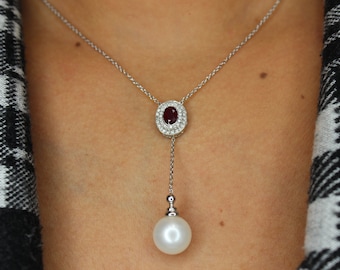 Lariat Real Diamond Necklace, Diamond Y Necklace, Ruby,Pearl, Diamond Necklace, Women Y Jewelry, 18K Gold Necklace, Bridesmaid Necklace,