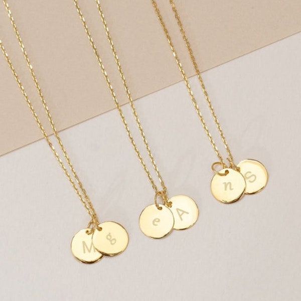 14K Solid Gold Minimal Medium Large Initial Disc Necklace, Personalized Engrave Letter Pendant, Initial  Disk Charms, Great Gift For Her