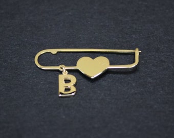 14K 18K Solid Gold New Born Initial & Heart Baby Pin, Initial Heart New Born Baby Brooch, Custom Engraved Letter Heart Baby Safety Pin Gift