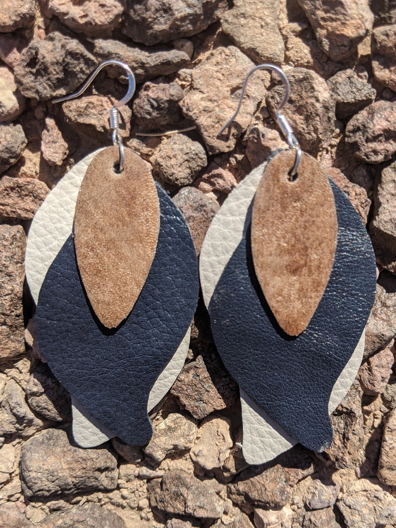 White Navy and Brown Feathered Earrings Genuine Leather Earrings Leather Jewelry Upcycled Earrings Layered Earrings