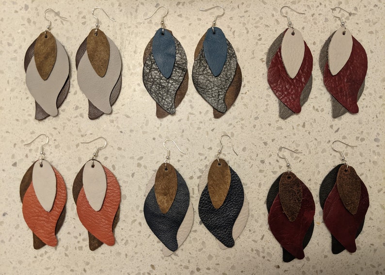 White Navy and Brown Feathered Earrings Genuine Leather Earrings Leather Jewelry Upcycled Earrings Layered Earrings