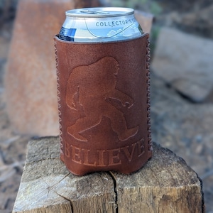 Bigfoot Leather Can Cooler. Sasquatch Leather Can Cozie. Leather Drink Holder