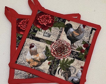 Handmade Rooster Pot Holder, Floral Kitchen Decor, Heat Resistant