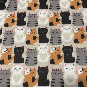 May include: A beige fabric with a repeating pattern of black, white, grey, and orange cats. The cats are all in different poses, some are sitting, some are standing, and some are lying down. The cats are all smiling and have hearts on their chests.