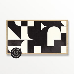 May include: Abstract geometric art print in a wooden frame. The artwork features a pattern of black and cream-colored shapes, including squares, arches, and triangles. The print has a textured appearance. A circular sticker with the words "INSTANT DOWNLOAD" is in the lower left corner.