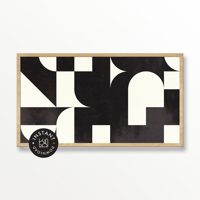 May include: Abstract geometric art print in a wooden frame. The artwork features a pattern of black and cream-colored shapes, including squares, arches, and triangles. The print has a textured appearance. A circular sticker with the words "INSTANT DOWNLOAD" is in the lower left corner.