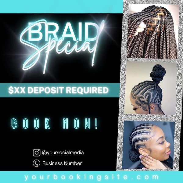 Braids Special Flyer, DIY Hair Flyer, Hairstylist Appointments Available Book Now Flyer, Beauty Social Media Editable Canva Template