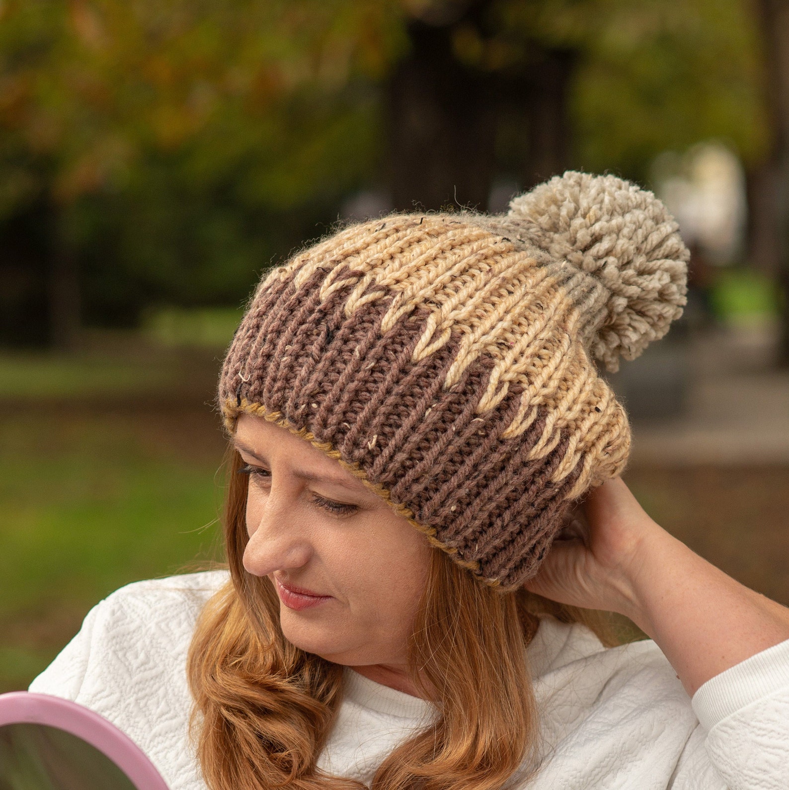 Brown winter slouchy beanie hat women loose pom pom beanie Etsy