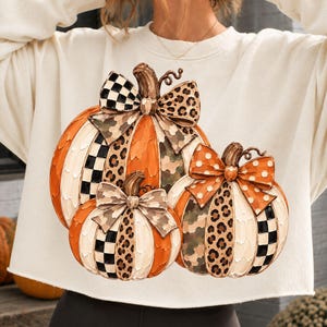 May include: A cream-colored long-sleeve sweatshirt featuring a graphic print of three pumpkins. The pumpkins are decorated with orange, white, and black patterns including leopard print, black and white checkerboard, and camouflage designs.