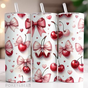 Cherry Tumbler Wrap 20 oz Skinny Tumbler Sublimation Design Coquette Tumbler Png Pink Bow Tumbler Design Seamless Digital Download