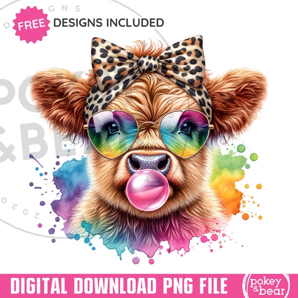 Rainbow Highland Cow Png Sublimation Design Leopard Cow Shirt Design Cute Cow Clipart Cow Blowing Bubble Tshirt Design Cow with Glasses Png