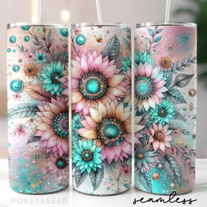 Envoltura para vaso con flores bohemias, vaso delgado de 20 oz, diseño de sublimación, vaso floral con purpurina, diseño de girasol, descarga sin costuras