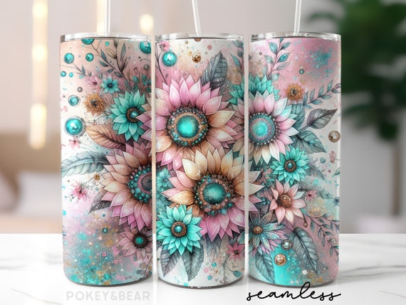 Boho Flowers Tumbler Wrap 20 oz Skinny Tumbler Sublimation Design Glitter Floral Tumbler Png Sunflower Tumbler Design Seamless Download