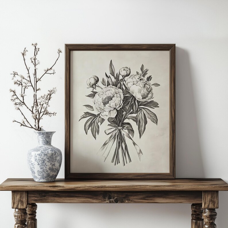 Antique Peony Bouquet Printable, Vintage Botanical Art, Cottage Elegant ...