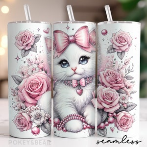 Gobelet fleuri chat, 20 oz gobelet fin sublimation design chaton blanc gobelet Png coquette design en téléchargement numérique transparent
