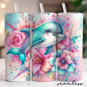 Tumbler Dolphin Wrap da 20 oz, design sottile con stampa a sublimazione, bicchiere estivo glitterato, design floreale con download digitale senza soluzione di continuità.
