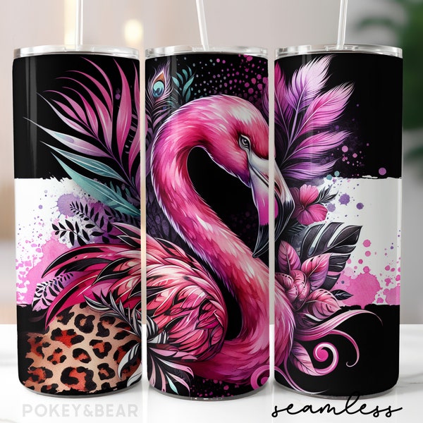 Pink Flamingo Tumbler Wrap 20 oz Skinny Tumbler Sublimation Design Summer Tumbler Png Leopard Tumbler Design Seamless Digital Download