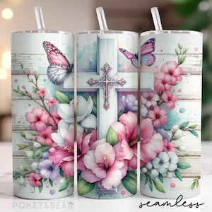 Christian beker wrap 20 oz magere beker sublimatie ontwerp bloemen kruis beker png vlinder beker ontwerp naadloze digitale download
