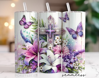 Christian Tumbler Wrap 20 oz Skinny Tumbler Sublimation Design Floral Cross Tumbler Png Design Seamless Digital Download