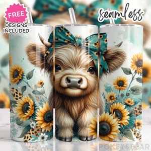 Teal Highland Cow Tumbler Wrap Sunflower Tumbler Design Leopard Print Tumbler Png 20oz Skinny Tumbler Sublimation Design Digital Download