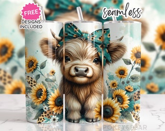 Teal Highland Cow Tumbler Wrap Sunflower Tumbler Design Leopard Print Tumbler Png 20oz Skinny Tumbler Sublimation Design Digital Download