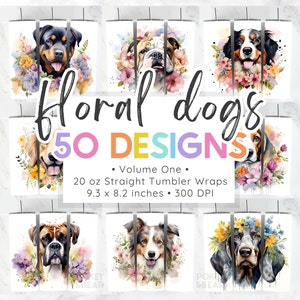 Watercolor Floral Dog Tumbler Wrap Bundle Tumbler Png Dog Sublimation Designs 20oz Skinny Tumbler Straight Png Tumbler Templates Dog Png