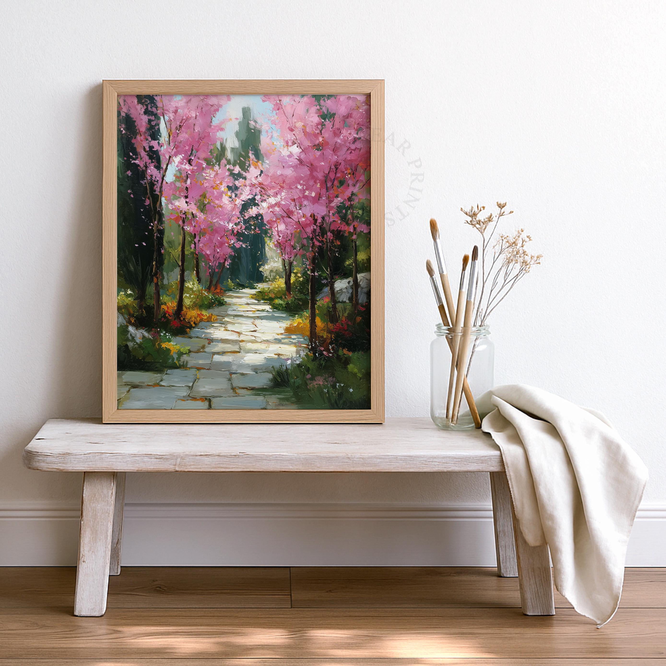 Cozy Stone Pathway With Flowering Trees, Cottagecore Print, Romantic ...