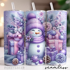 Tumbler con pupazzo di neve viola, 20 oz, design a sublimazione, bicchiere natalizio in formato PNG, design per bicchiere festivo, download digitale senza soluzione di continuità