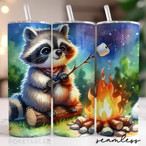 Envoltura para vaso de camping de 20 oz, diseño de sublimación para vaso delgado, diseño de vaso Smores PNG, diseño de vaso de mapache, descarga digital sin costuras