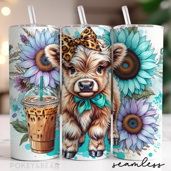 Highland Cow Tumbler Wrap 20 oz Skinny Tumbler Sublimation Design Iced Coffee Tumbler Png Sunflower Tumbler Design Seamless Digital Download