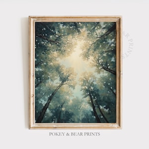 Puede incluir: Una impresión artística de un dosel forestal, visto desde abajo. La obra presenta árboles altos con follaje verde y azul, que se elevan hacia un cielo brillante y soleado. La impresión está enmarcada en un marco de madera de color claro. El texto "POKEY & BEAR PRINTS" está en la parte inferior.