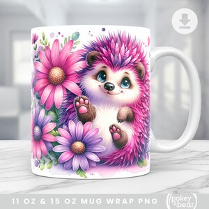 Caneca de ouriço fofa, caneca de porco-espinho, png, design de sublimação de margarida, design de caneca de 11 onças, modelo de caneca de 15 onças, download digital de capa de xícara de café rosa