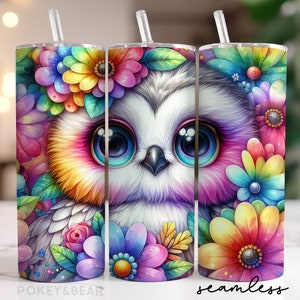 Blumen Eule Tumbler Wrap 20 Unzen Skinny Tumbler Sublimation Design Regenbogen Tumbler Png Glitter Tumbler Design Nahtloser digitaler Download