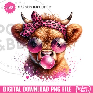 Highland Cow Png Sublimation Design Leopard Cow Shirt Design Cute Cow Clipart Cow Blowing Bubble Tshirt Design Cow with Glasses Png File