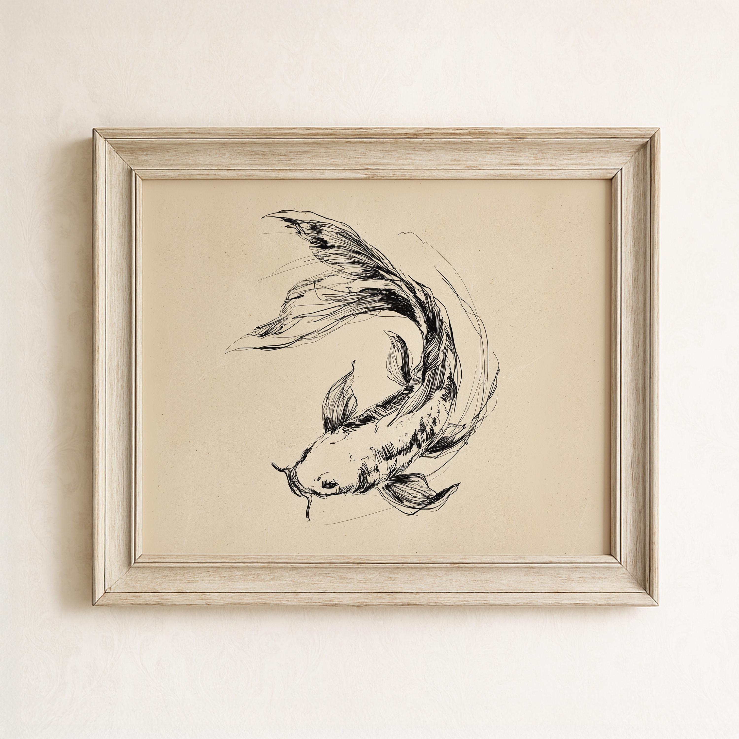 Fish Neutral Minimal Japanese Inspired Koi Fish Print, Elegant Neutral Ink Drawing ...