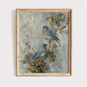 Two Bluebirds on Branches Print, Vintage Style, Cottagecore Wall Art, Printable Painting, Soft Muted Colors, Digital Art Download 807