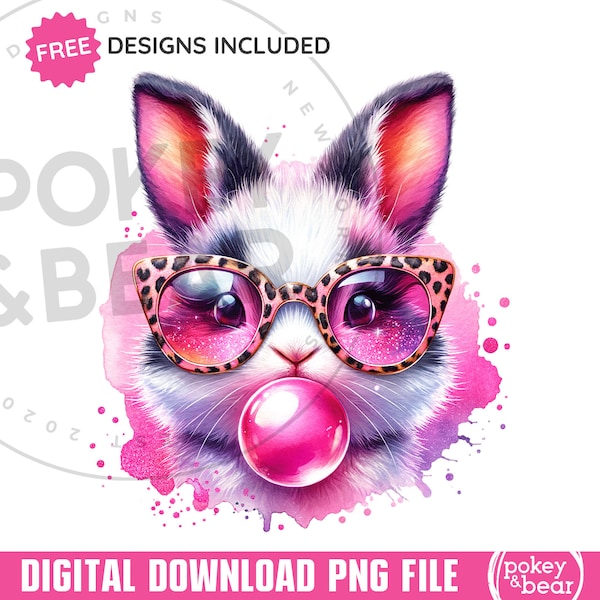 Bubblegum Bunny Png Sublimation Design Leopard Bunny Shirt Design Cute Bunny Clipart Easter Tshirt Design Bunny with Sunglasses Png File