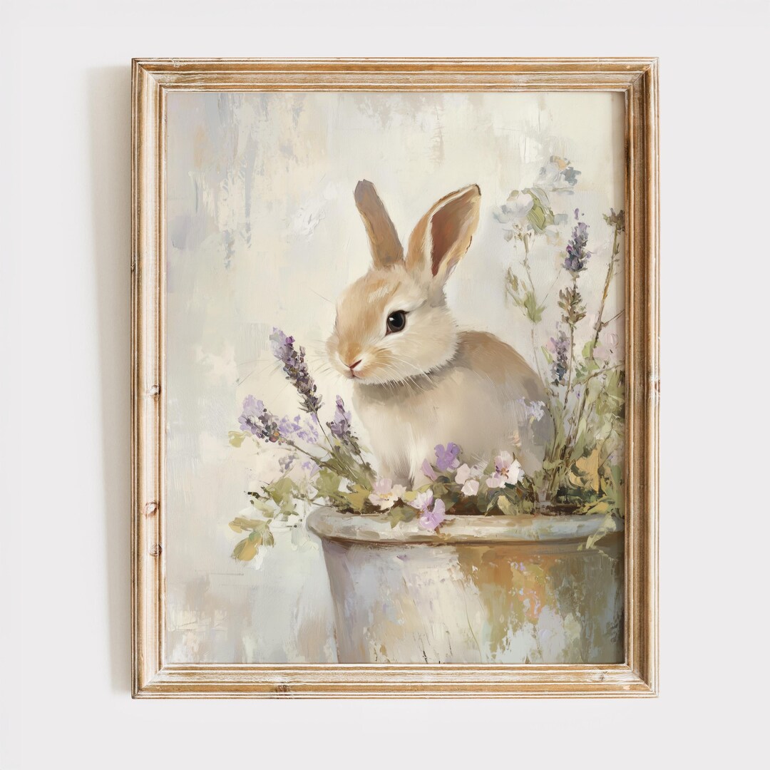 Bunny in Vintage Planter, Cottagecore Illustration, Easter Spring Decor ...