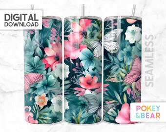 Seamless Floral Butterfly Tumbler Wrap Png Sublimation Design 20oz Skinny Tumbler Design Flowers Tumbler Png Wrap Tumbler Sublimation Floral