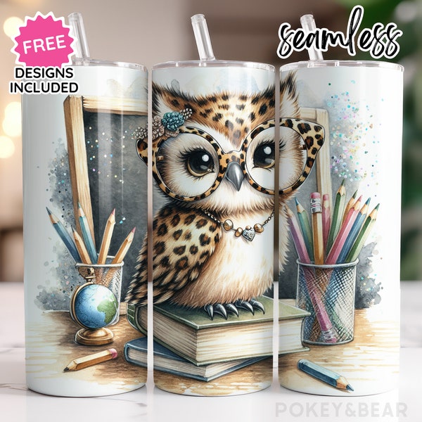 Teacher Tumbler Wrap 20 oz Skinny Tumbler Sublimation Design School Tumbler Png Teacher Appreciation Tumbler Design Leopard Owl Tumbler Png