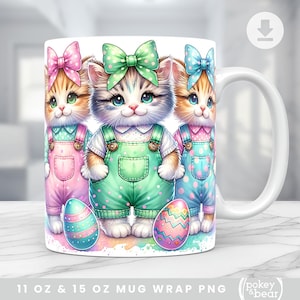 Mignon Pâques Mug Wrap chaton Mug Png chat Sublimation Design 11 oz Mug Design 15 oz modèle de tasse de café printemps pastel Wrap téléchargement numérique