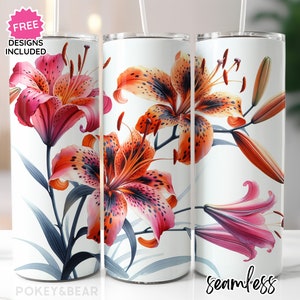 Copo Tiger Lily Wrap 20 oz Copo fino com design de sublimação Copo de flor PNG Copo floral com design sem costura para download digital
