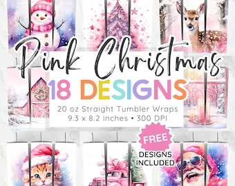Pink Christmas Tumbler Wrap Bundle Pink Santa Tumbler Png Christmas Sublimation Designs 20oz Skinny Tumbler Straight Png Tumbler Template